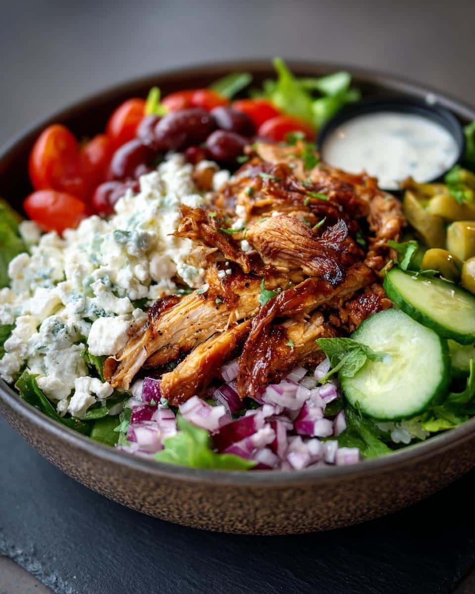 Greek Chicken Bowls: 30-Minute Delicious Win 7 Close-up of a Greek Chicken Bowl with grilled chicken, feta, tomatoes, olives, cucumbers, and red onion.
