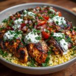 A vibrant Greek Chicken Bowl featuring grilled chicken, couscous, tomato-onion salsa, and creamy tzatziki sauce.
