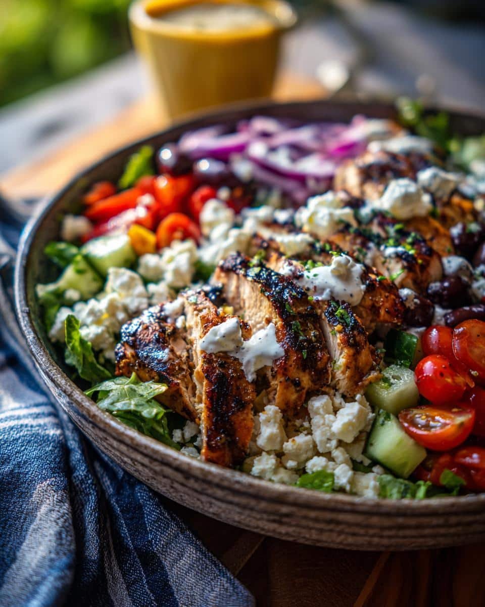 Greek Chicken Bowls: 30-Minute Delicious Win 8 Close-up of a Greek Chicken Bowl with grilled chicken, feta, tomatoes, cucumbers, olives, and red onion.