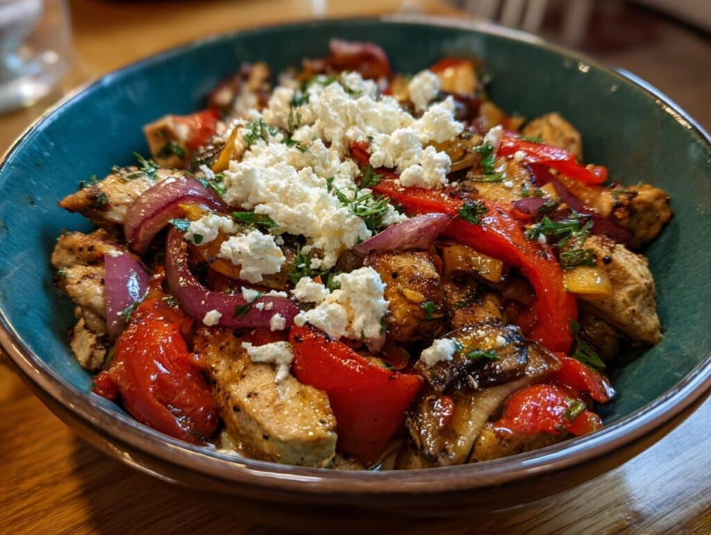 A vibrant Greek Chicken Bowls featuring grilled chicken, red peppers, onions, and feta cheese.