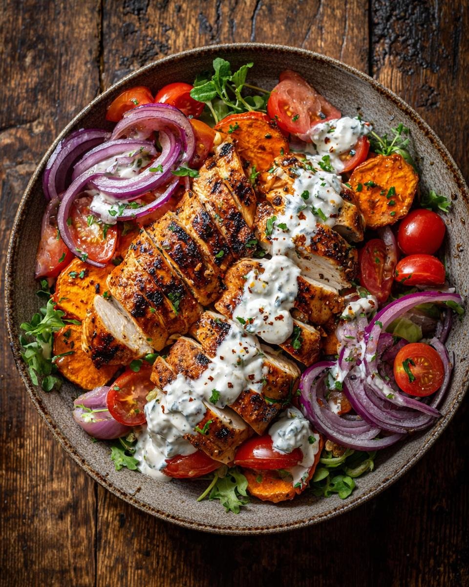 Greek Chicken Bowls: 30-Minute Delicious Win 6 Overhead shot of Greek Chicken Bowls with grilled chicken, tomatoes, red onion, and creamy tzatziki sauce.