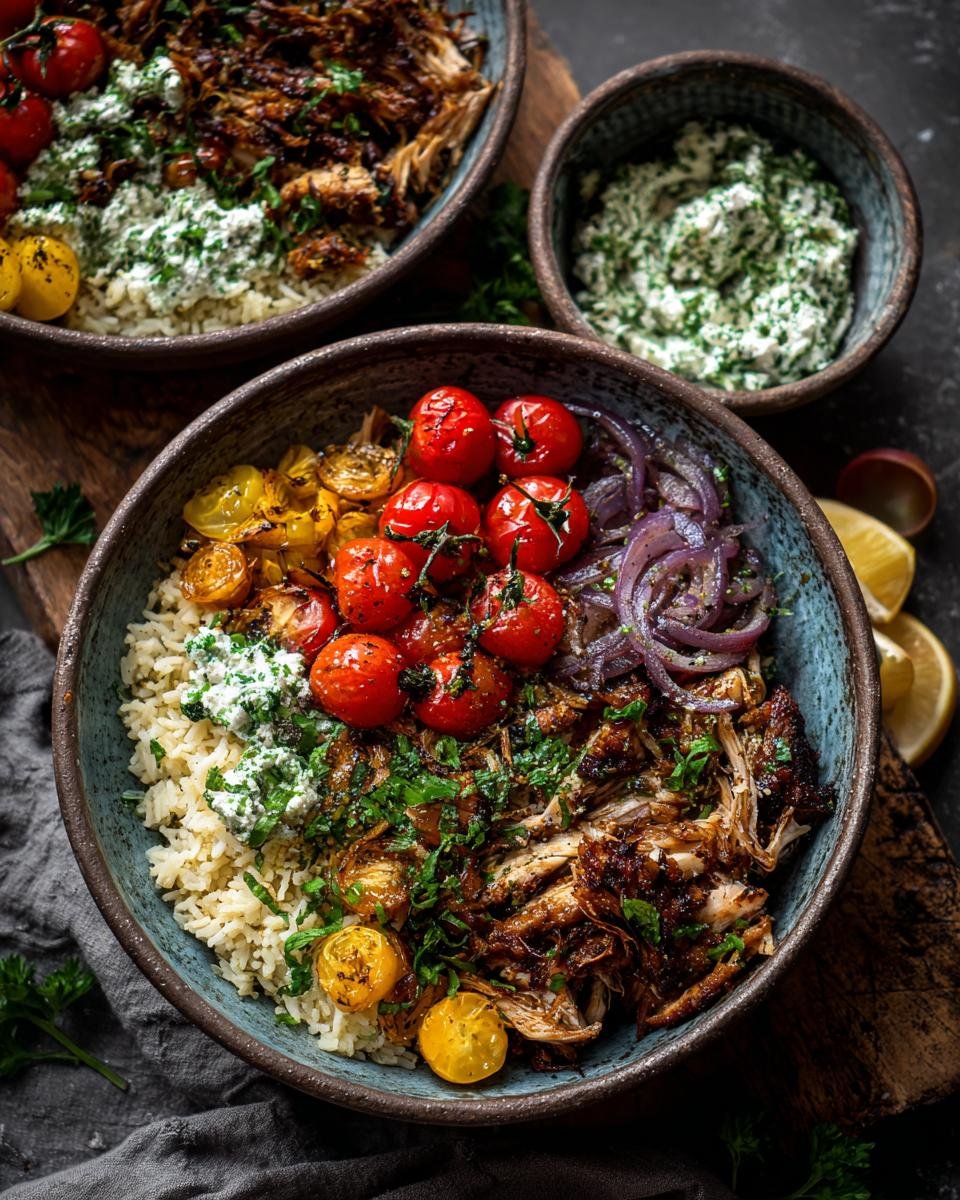 Greek Chicken Bowls: 30-Minute Delicious Win 9 Overhead shot of Greek Chicken Bowls featuring rice, chicken, tomatoes, onions, and tzatziki sauce.