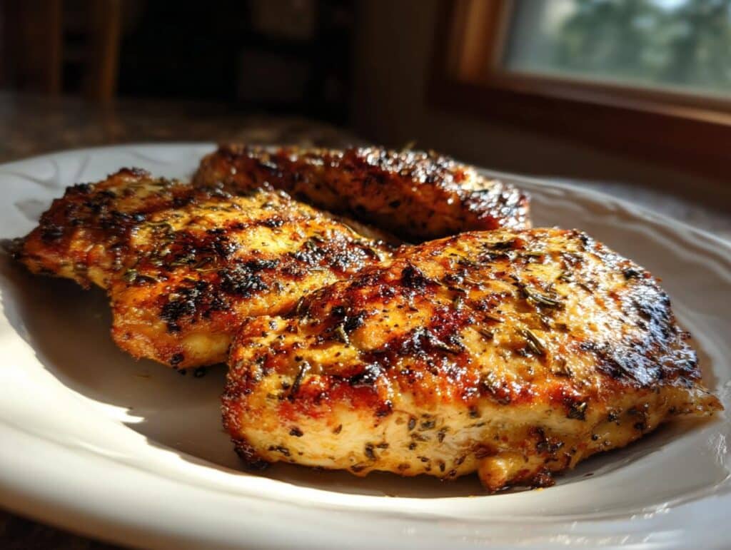 Three pieces of grilled chicken with Greek Chicken Marinade, seasoned with herbs, on a white plate.