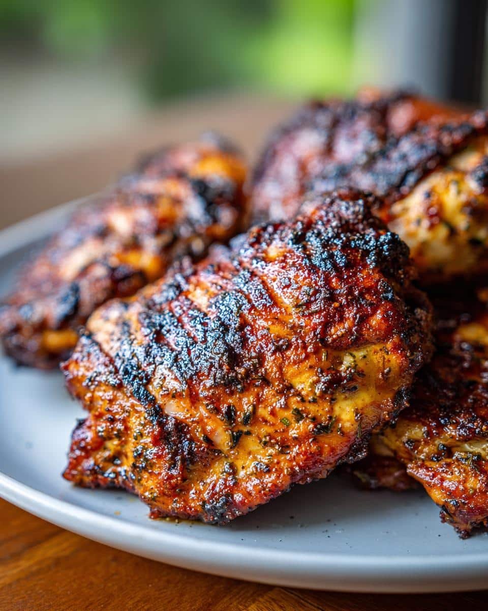 Greek Chicken Marinade: Unlock Bold Flavor in Just 30 9 Close-up of grilled chicken thighs marinated in Greek Chicken Marinade, showing the delicious char and herb seasoning.