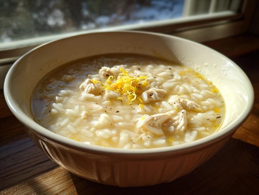 Bowl of Classic Greek Lemon Chicken Soup with rice, chicken, and lemon zest garnish.