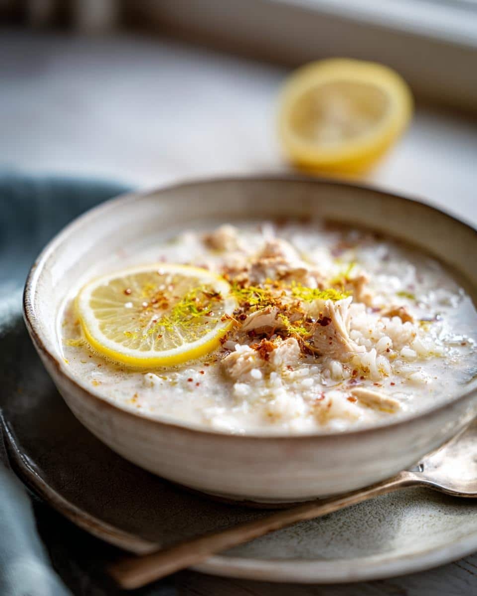 Classic Greek Lemon Chicken Soup: Grandma's Foolproof Secret 7 Bowl of Classic Greek Lemon Chicken Soup with rice, chicken, and a lemon slice garnish.