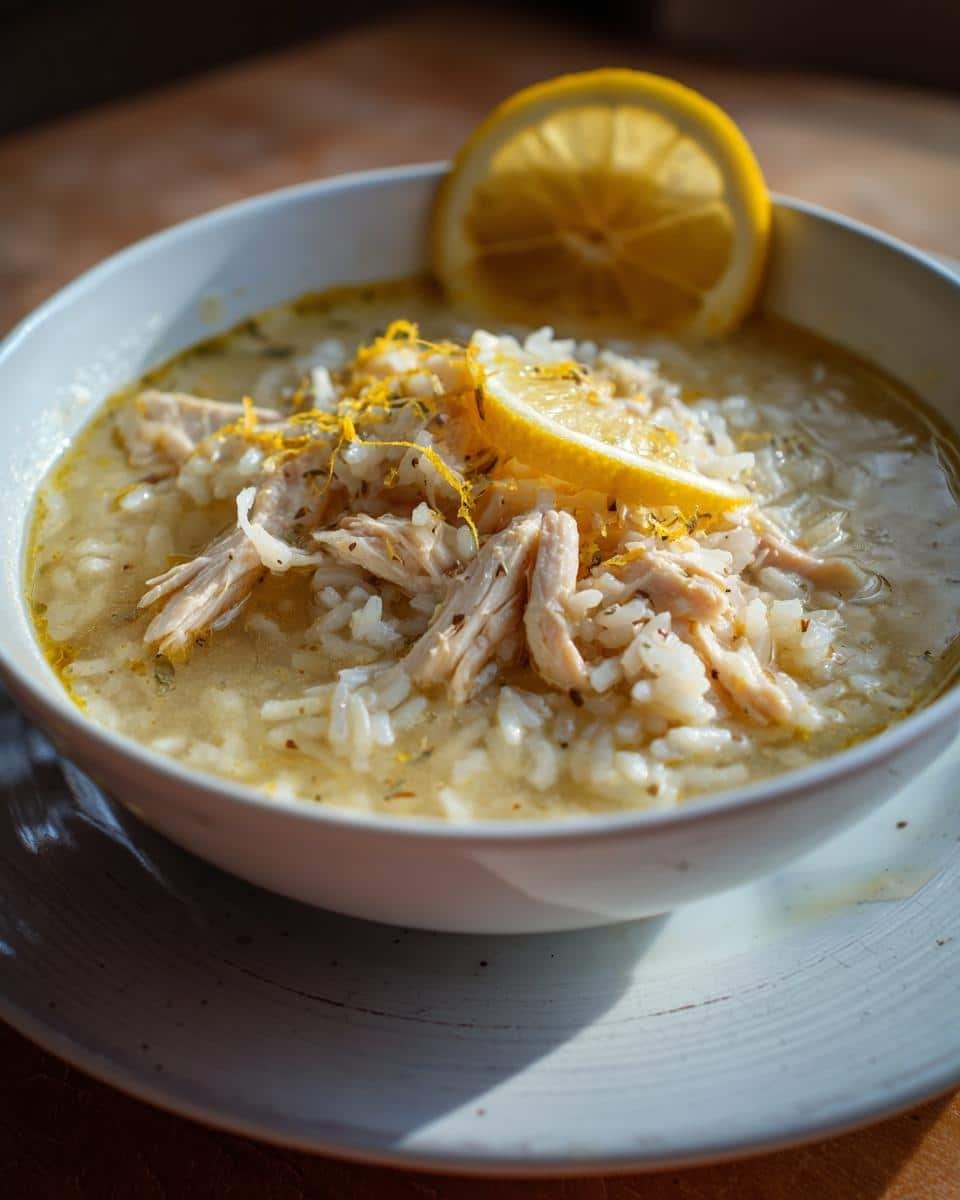 Classic Greek Lemon Chicken Soup: Grandma's Foolproof Secret 9 A bowl of Classic Greek Lemon Chicken Soup garnished with a lemon slice and zest.
