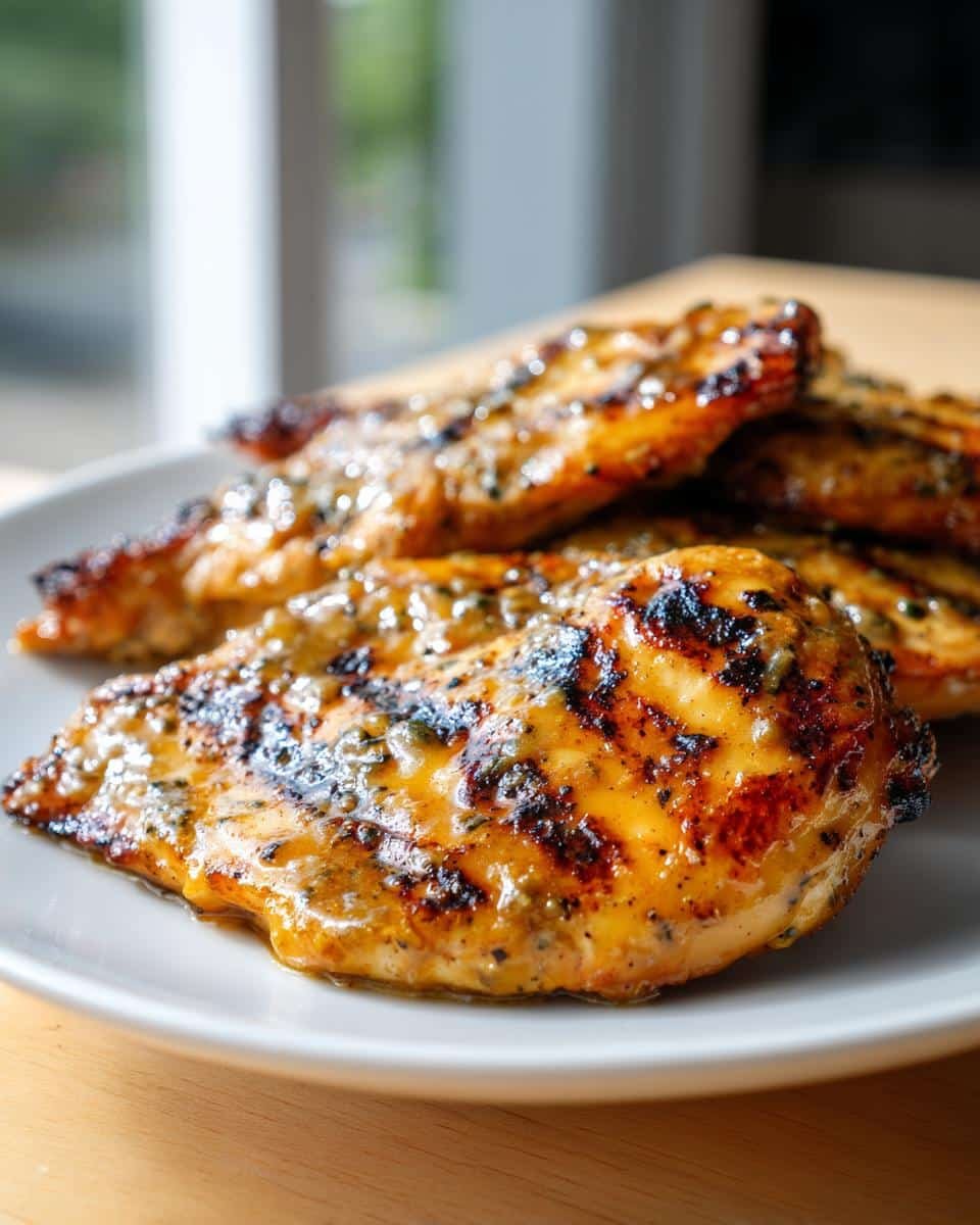Grilled Honey Mustard Chicken: 4-Step Flavor Bomb 9 Close-up of Grilled Honey Mustard Chicken breasts on a white plate, showing grill marks and glaze.