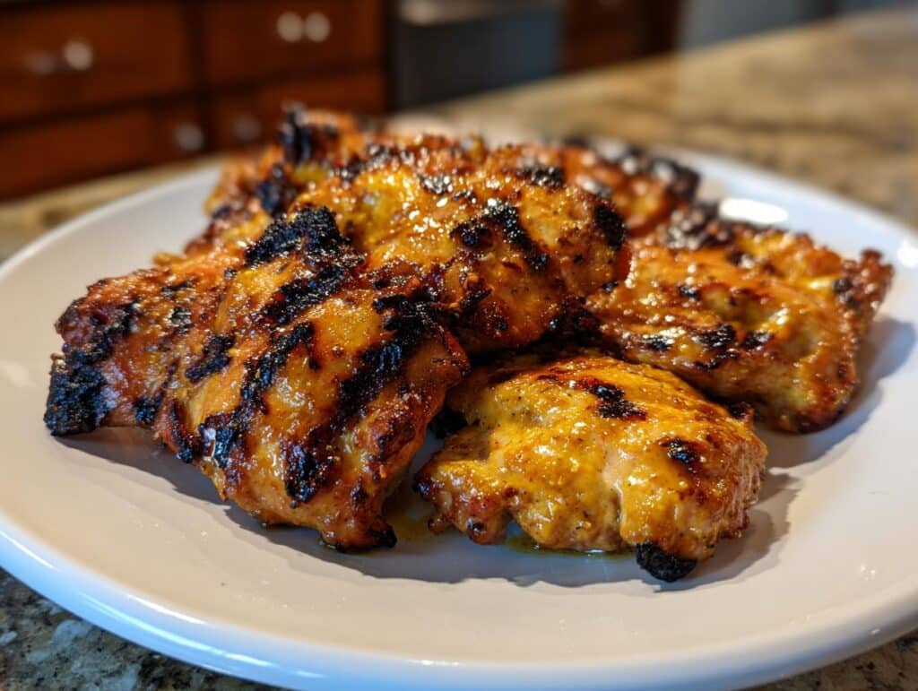 Juicy Grilled Honey Mustard Chicken pieces served on a white plate, ready to eat.