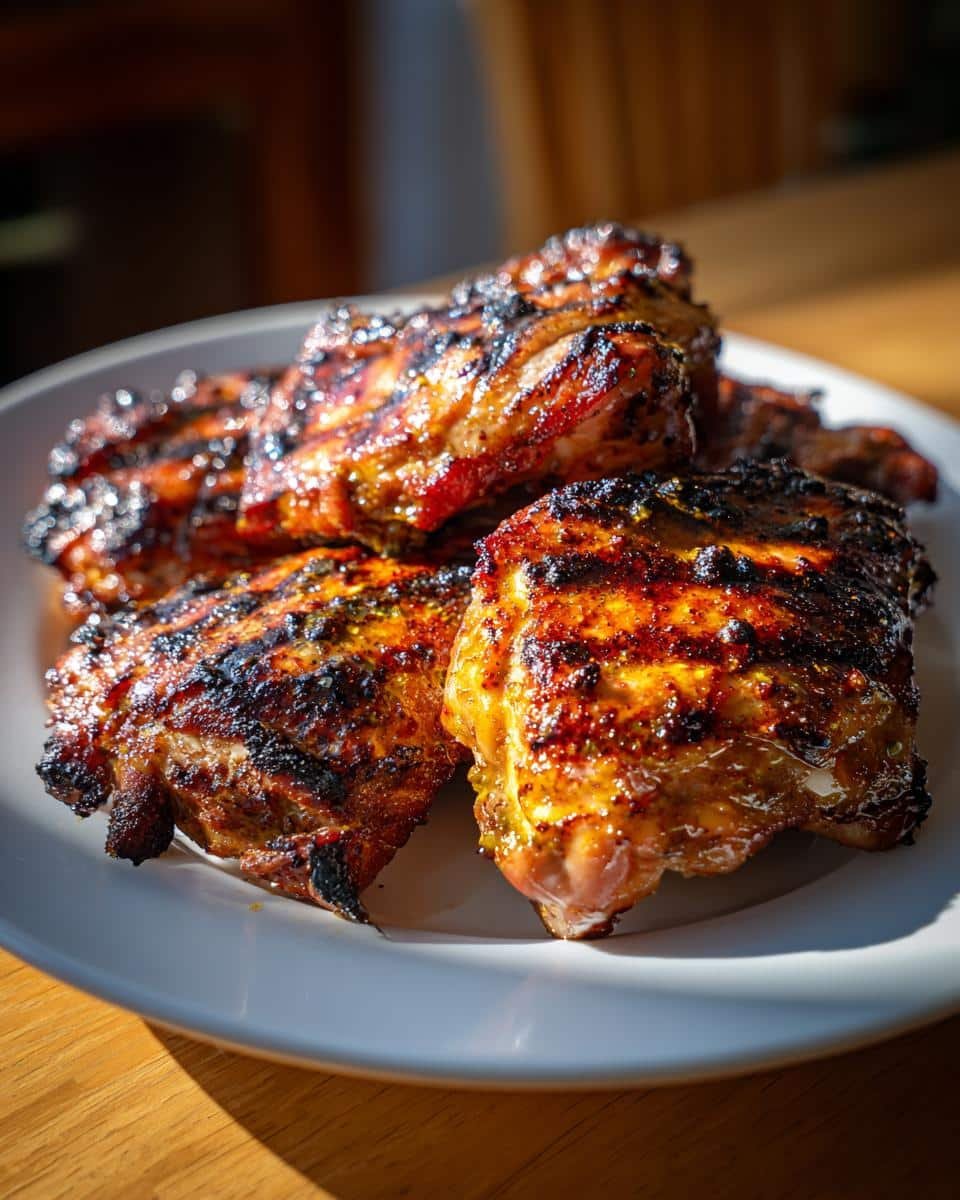 Grilled Honey Mustard Chicken: 4-Step Flavor Bomb 7 Close-up of juicy Grilled Honey Mustard Chicken pieces on a white plate, showcasing grill marks and glaze.