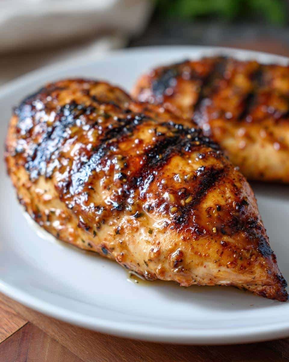 Grilled Honey Mustard Chicken: 4-Step Flavor Bomb 6 Two pieces of juicy Grilled Honey Mustard Chicken on a white plate, with grill marks and a glistening glaze.