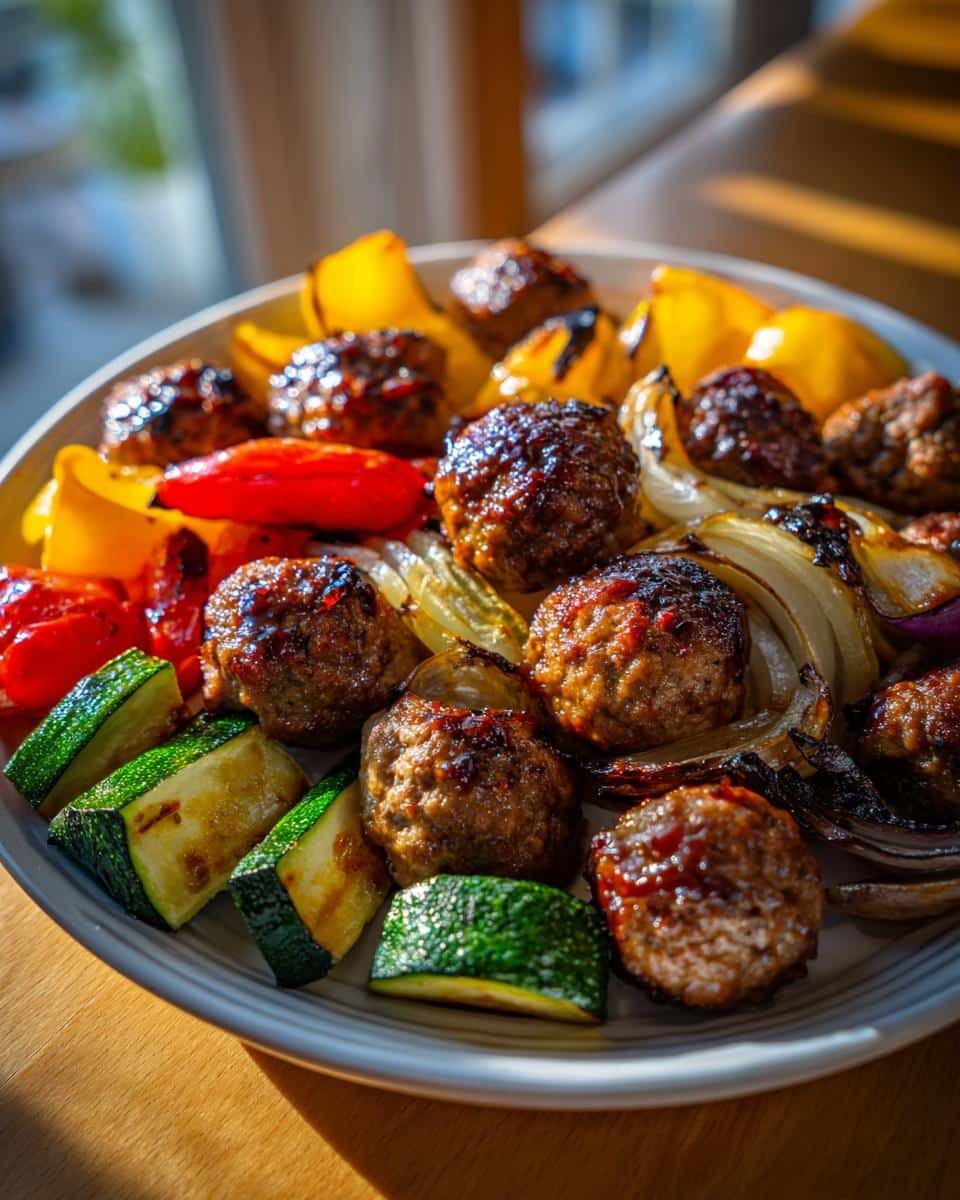 Fail-Proof Moist Strawberry Lemon Cake Recipe Revealed 6 Grilled meatballs with zucchini, onions, and bell peppers. Not related to Moist Strawberry Lemon Cake with Creamy Strawberry Buttercream.