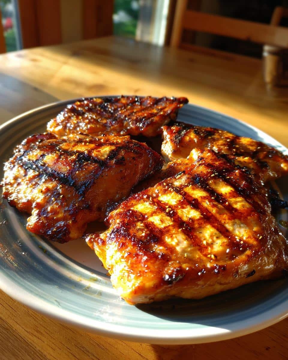 Devastatingly Delicious Best Pollo Asado Recipe in 4 Hours 7 Four pieces of grilled Best Pollo Asado on a plate, showcasing golden-brown color and grill marks.