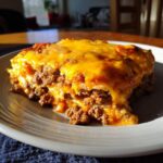 A slice of Easy Ground Beef Enchilada Casserole Recipe on a plate, showcasing layers of beef, tortillas, and melted cheese.