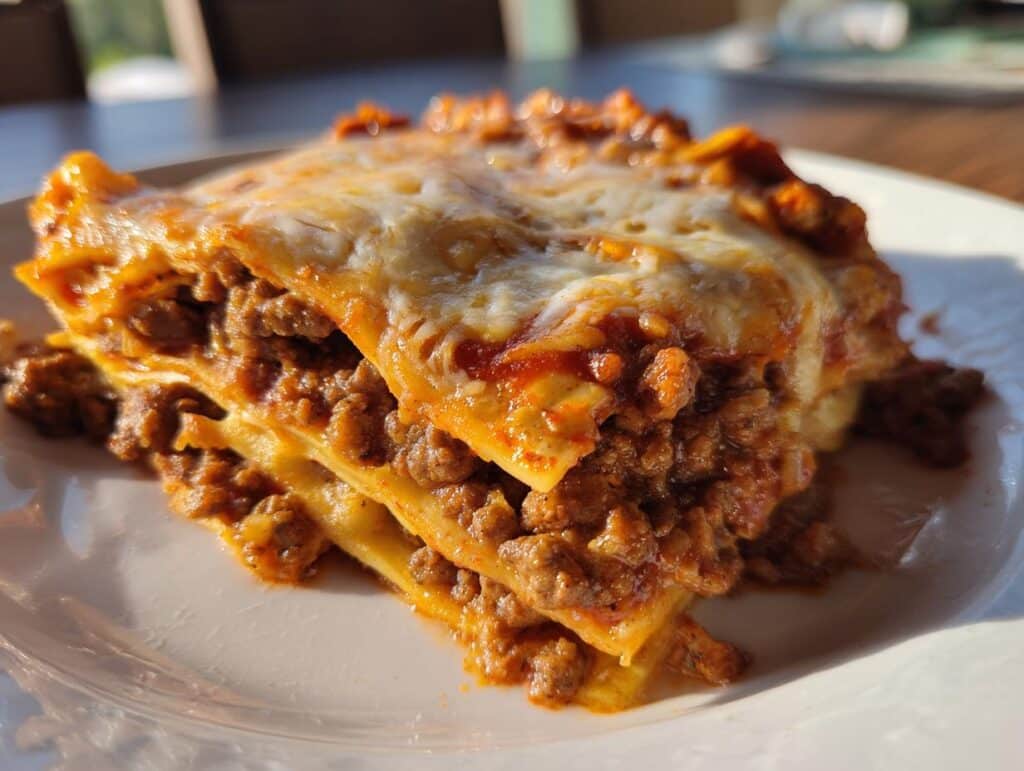 A slice of Easy Ground Beef Enchilada Casserole, showcasing layers of ground beef, tortillas, and melted cheese.