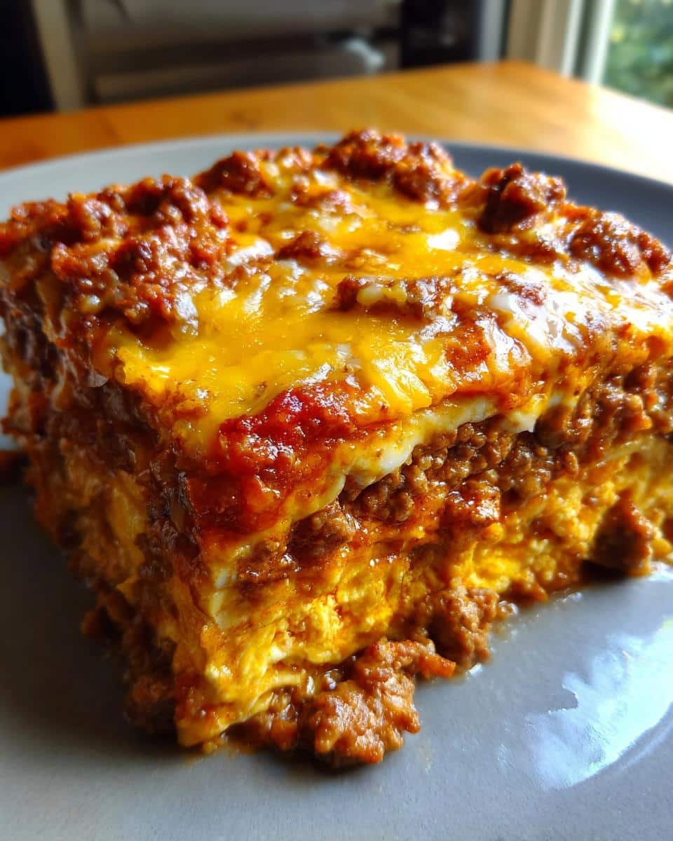 Easy Ground Beef Enchilada Casserole Recipe: Ditch Takeout 6 A slice of Easy Ground Beef Enchilada Casserole, layered with beef, cheese, and enchilada sauce on a gray plate.
