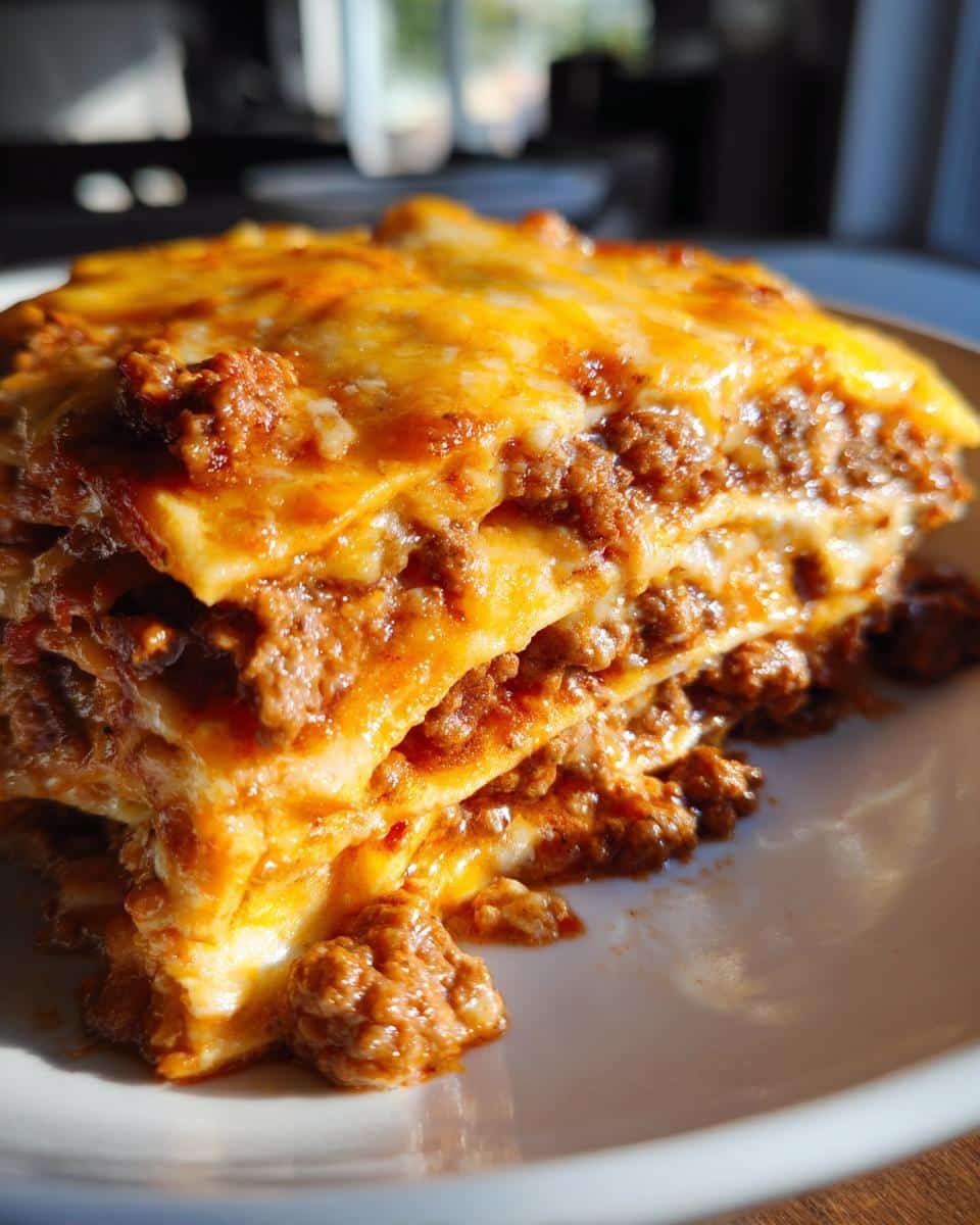 Easy Ground Beef Enchilada Casserole Recipe: Ditch Takeout 8 A delicious slice of Easy Ground Beef Enchilada Casserole, layered with meat and cheese.
