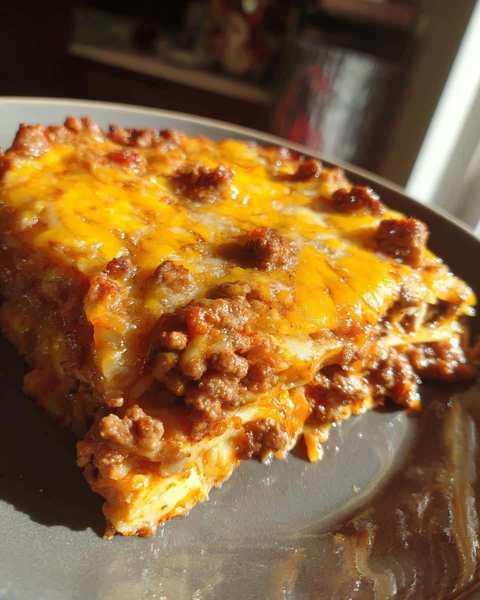 Easy Ground Beef Enchilada Casserole Recipe: Ditch Takeout 9 A slice of Easy Ground Beef Enchilada Casserole is plated, showing layers of ground beef, tortillas, cheese, and enchilada sauce.