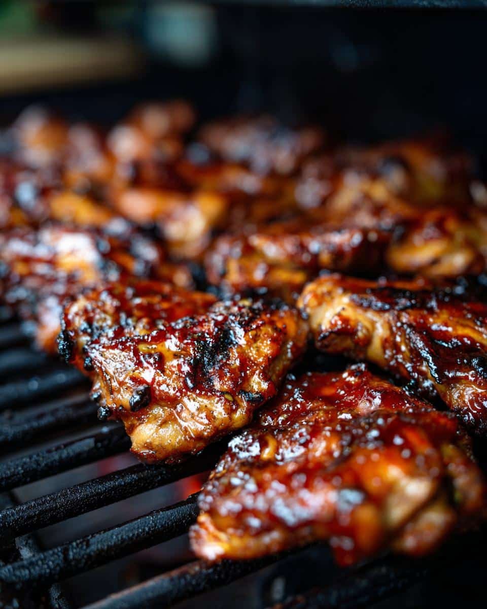 Disgustingly Good Hawaiian BBQ Chicken in Just 15 Minutes 8 Close-up of Hawaiian BBQ Chicken cooking on a grill, showing the glaze and char marks.