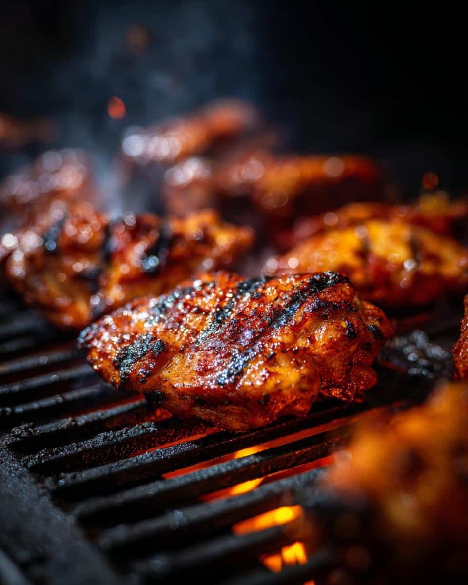 Disgustingly Good Hawaiian BBQ Chicken in Just 15 Minutes 9 Close-up of Hawaiian BBQ Chicken grilling on a barbecue, showing grill marks and glistening sauce.