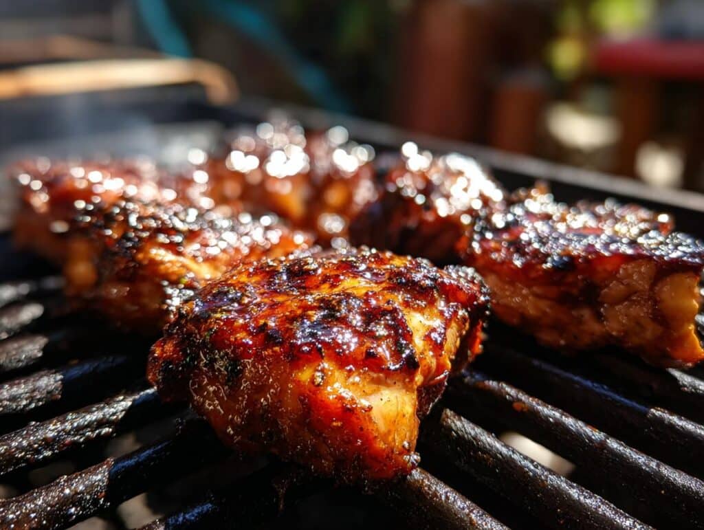 Close-up of glistening Hawaiian BBQ Chicken pieces grilling on a barbecue, showing grill marks and caramelized sauce.