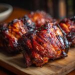 Close-up of glistening Hawaiian BBQ Chicken pieces on a wooden board, ready to serve.