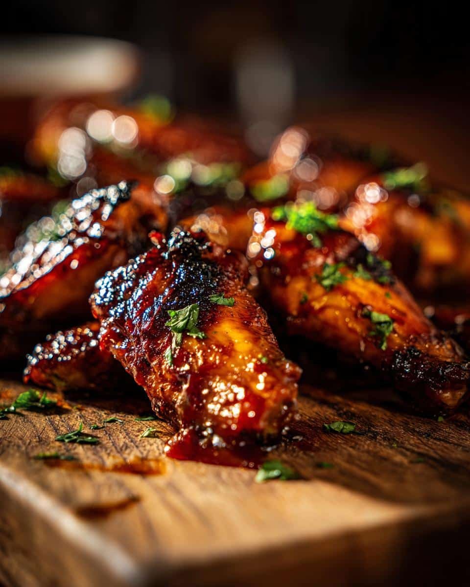 Disgustingly Good Hawaiian BBQ Chicken in Just 15 Minutes 6 Close-up of glistening Hawaiian BBQ Chicken wings on a wooden board, garnished with fresh herbs.