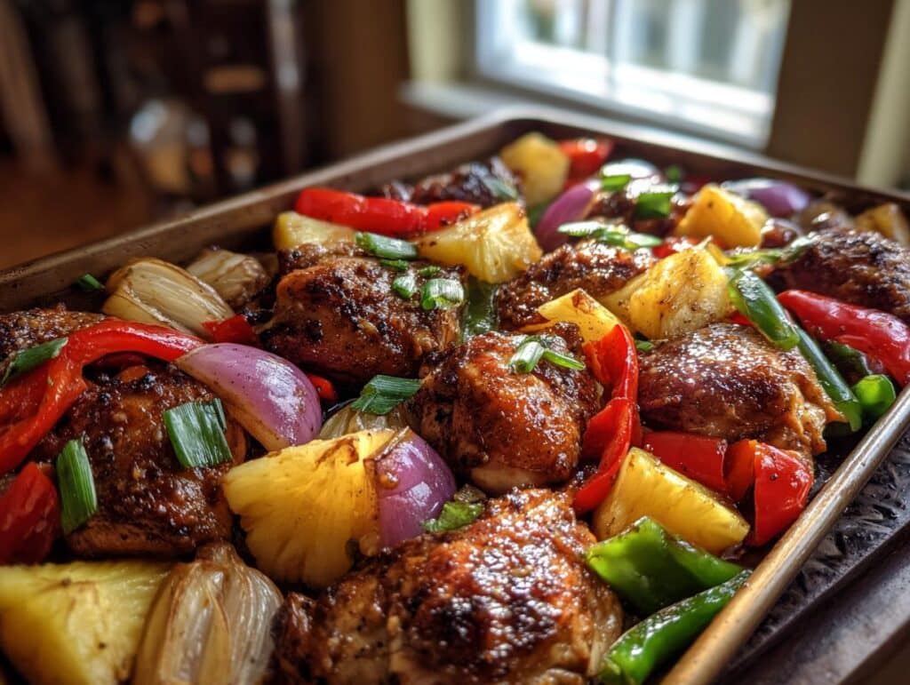 Close-up of a Hawaiian Chicken Sheet Pan with chicken, pineapple, red peppers, and onions.