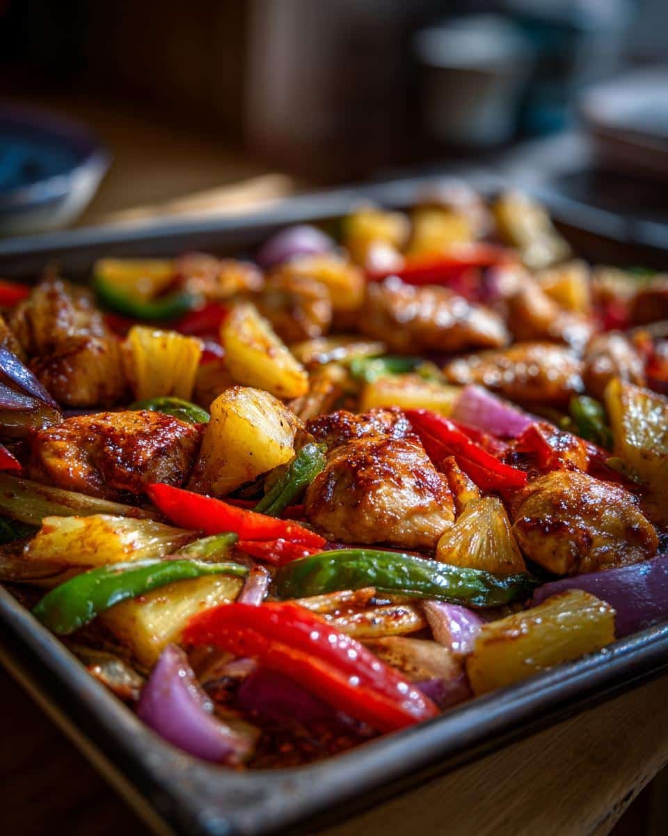 Irresistible Hawaiian Chicken Sheet Pan in Just 25 6 Close up of Hawaiian Chicken Sheet Pan with chicken, pineapple, peppers, and onions.