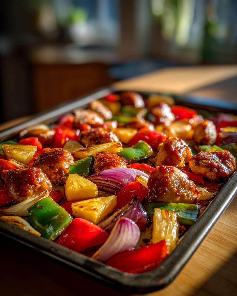 Irresistible Hawaiian Chicken Sheet Pan in Just 25 8 Close-up of a Hawaiian Chicken Sheet Pan with chicken, pineapple, red onion, and bell peppers.