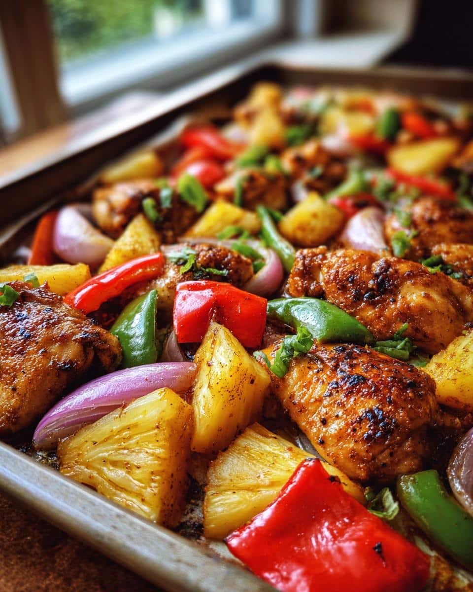 Irresistible Hawaiian Chicken Sheet Pan in Just 25 9 Close-up of Hawaiian Chicken Sheet Pan with chicken, pineapple, peppers, and onions.