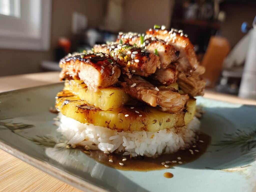 A delicious Hawaiian Huli Huli Chicken Stack featuring grilled pineapple and teriyaki glaze.