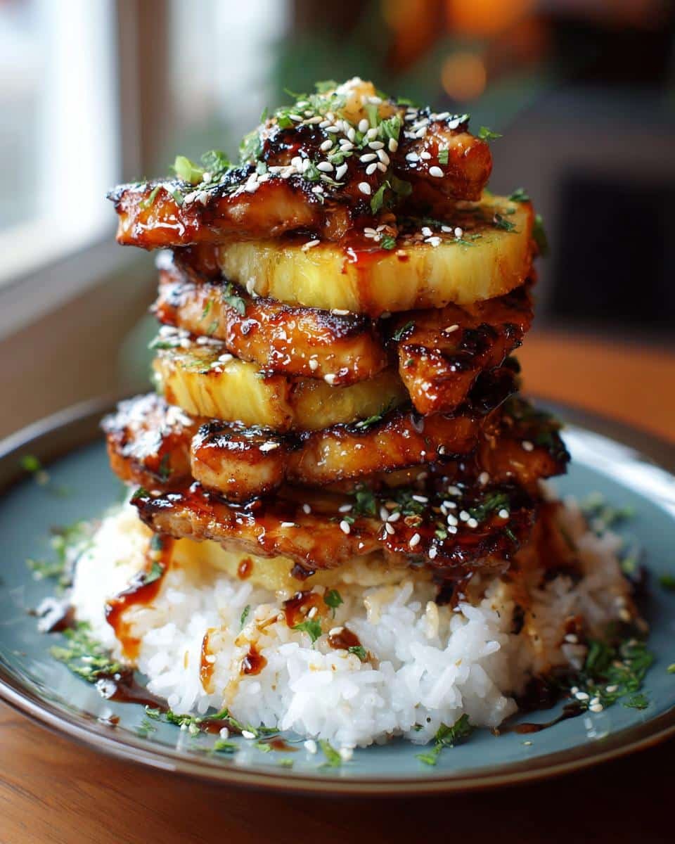 Hawaiian Huli Huli Chicken Stack: 6-Step Flavor Bomb 7 Towering Hawaiian Huli Huli Chicken Stack featuring grilled chicken and pineapple slices on a bed of rice, garnished with sesame seeds.