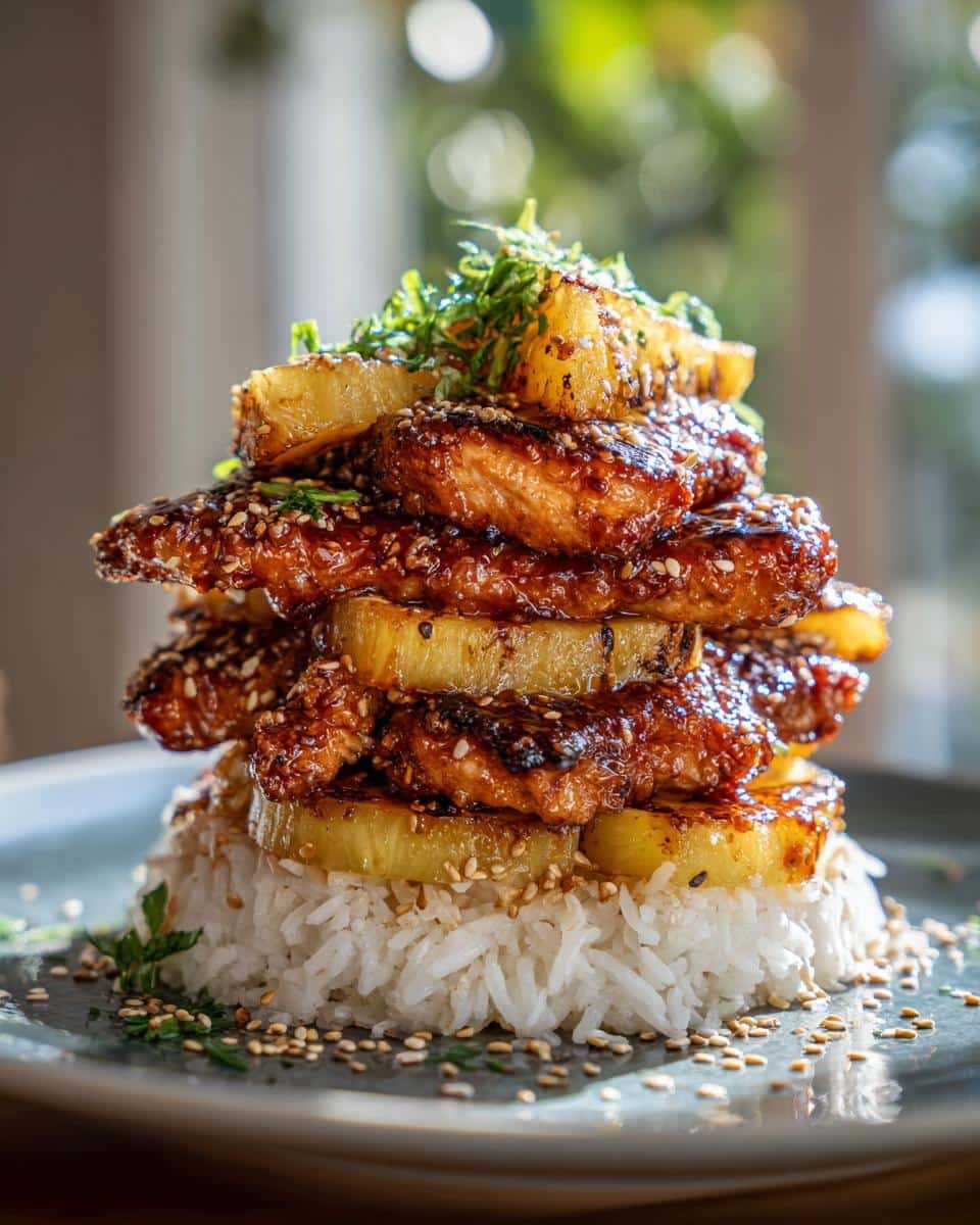 Hawaiian Huli Huli Chicken Stack: 6-Step Flavor Bomb 9 Towering Hawaiian Huli Huli Chicken Stack with grilled pineapple and rice, garnished with sesame seeds and herbs.