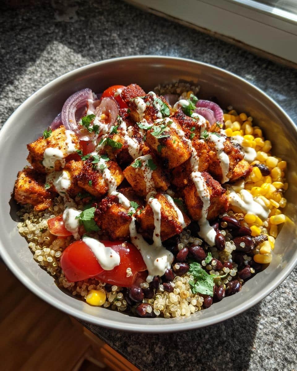 Devour Incredible High Protein BBQ Ranch Chicken Bowl 7 A vibrant High Protein BBQ Ranch Chicken Bowl with quinoa, corn, black beans, chicken, and ranch dressing.