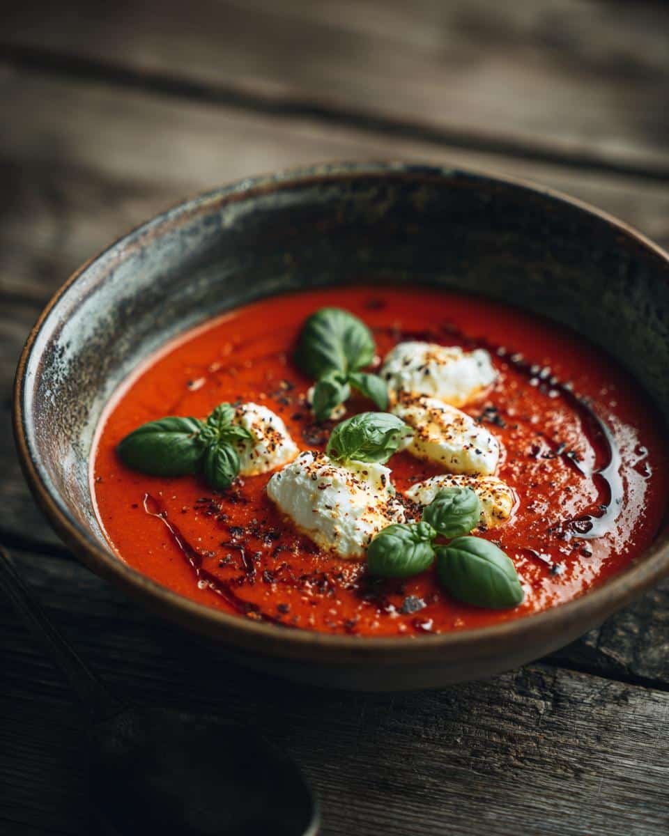 High Protein Tomato Soup: 19g Protein, Delicious 6 Bowl of High Protein Tomato Soup with Cottage Cheese and basil garnish on a rustic wooden table.