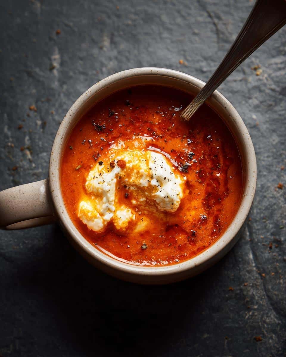 High Protein Tomato Soup: 19g Protein, Delicious 7 Overhead shot of High Protein Tomato Soup with Cottage Cheese in a mug, garnished with pepper and herbs.