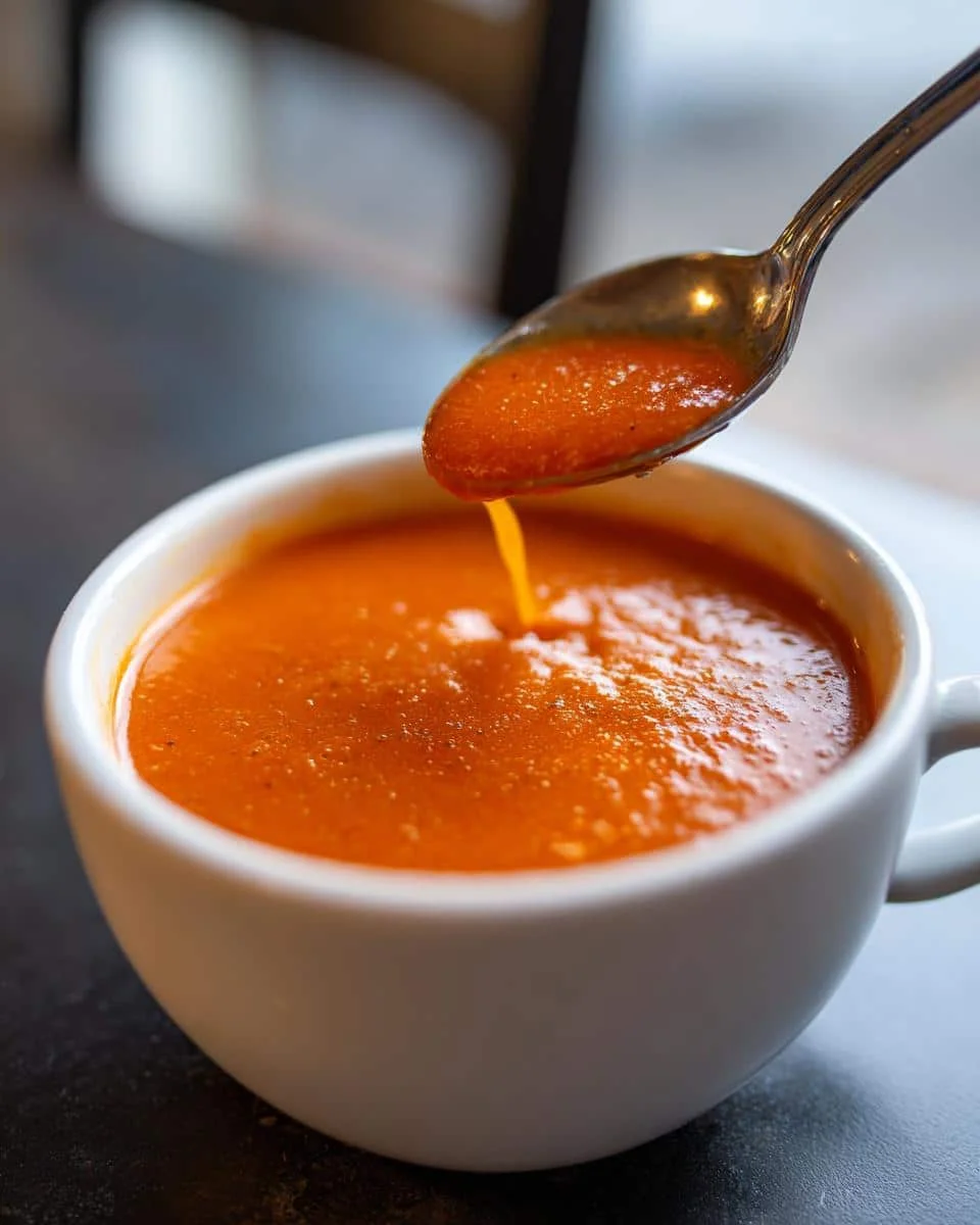 High Protein Tomato Soup: 19g Protein, Delicious 9 Spoonful of High Protein Tomato Soup with Cottage Cheese being poured into a white bowl.