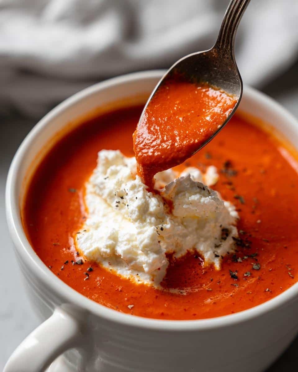High Protein Tomato Soup: 19g Protein, Delicious 8 Spoonful of High Protein Tomato Soup being poured over a dollop of cottage cheese in a white bowl.