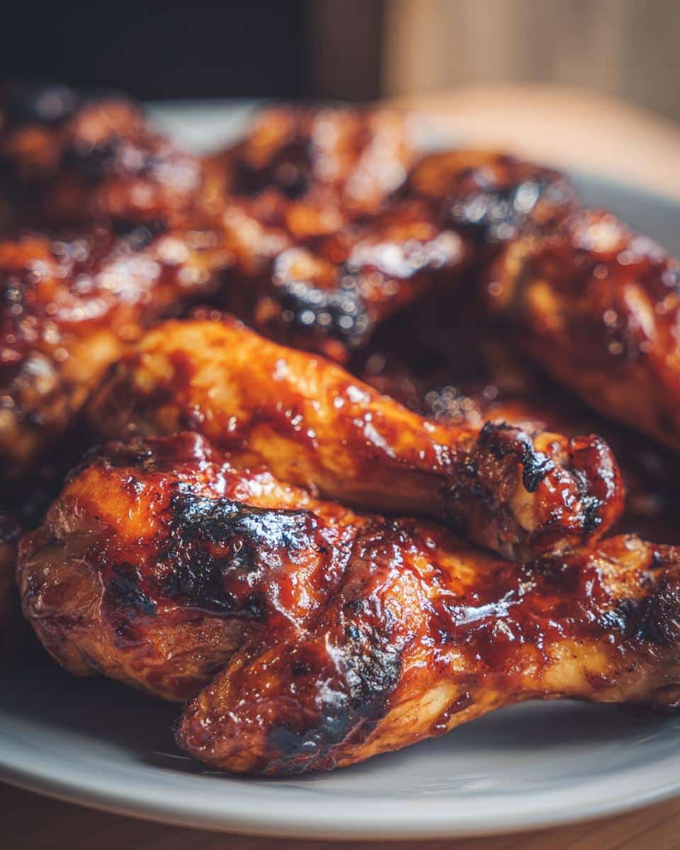 Heavenly Honey BBQ Chicken Recipe: Only 6 Ingredients 9 Close-up of glazed Honey BBQ Chicken drumsticks on a plate, showing the rich color and texture.