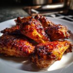 Close-up of Honey BBQ Chicken wings on a white plate, showcasing the glaze and crispy skin.