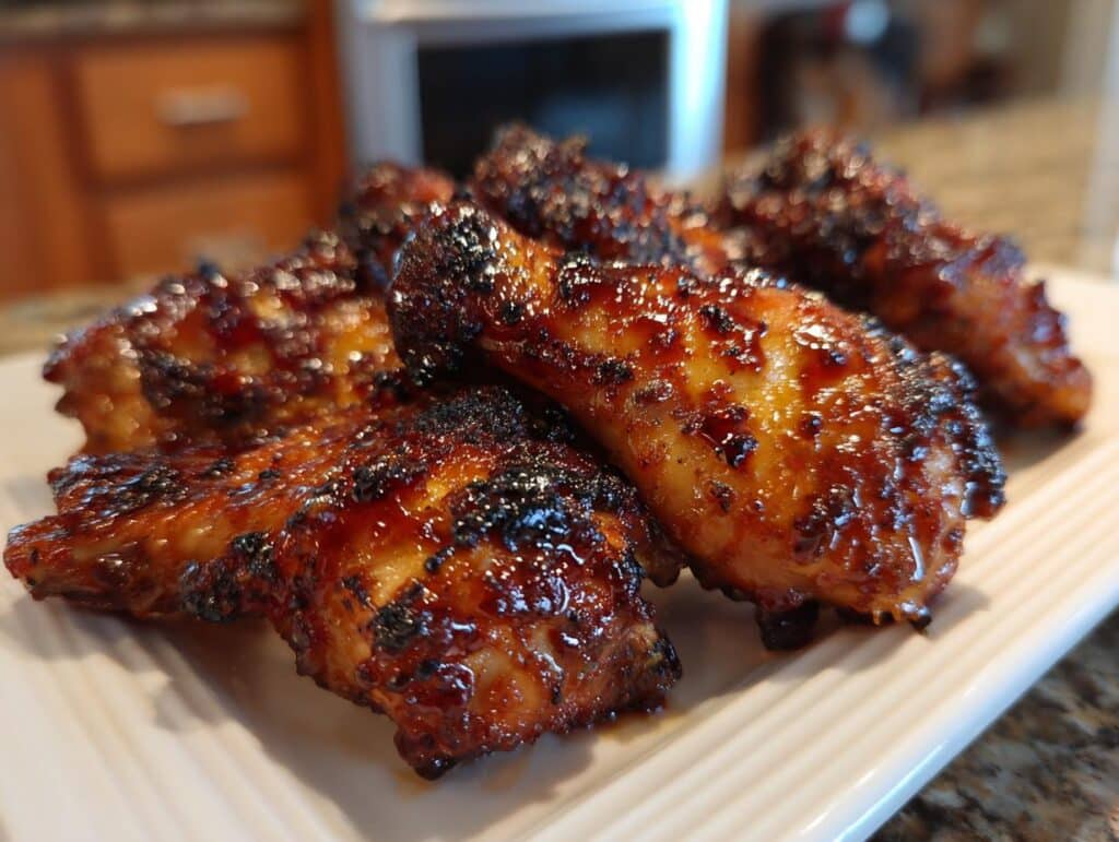 Close-up of glazed Honey BBQ Chicken wings on a white plate, showcasing their rich color and texture.