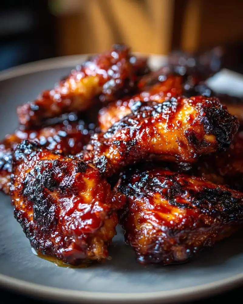 Heavenly Honey BBQ Chicken Recipe: Only 6 Ingredients 6 A close-up of glazed Honey BBQ Chicken wings on a plate, showcasing their sticky, caramelized texture.