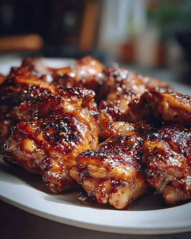 Heavenly Honey BBQ Chicken Recipe: Only 6 Ingredients 7 Close-up of glazed Honey BBQ Chicken wings on a white plate, showcasing the sticky, sweet, and savory sauce.