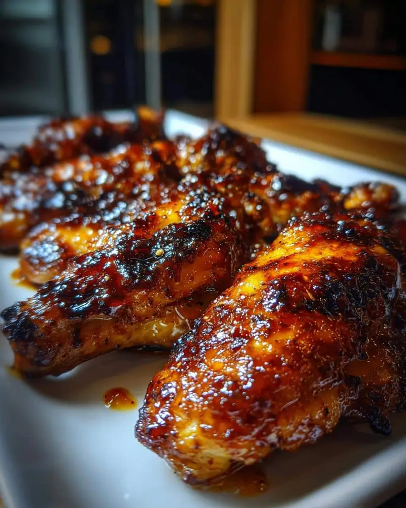 Heavenly Honey BBQ Chicken Recipe: Only 6 Ingredients 8 Close-up of glistening Honey BBQ Chicken wings on a white plate, ready to eat.
