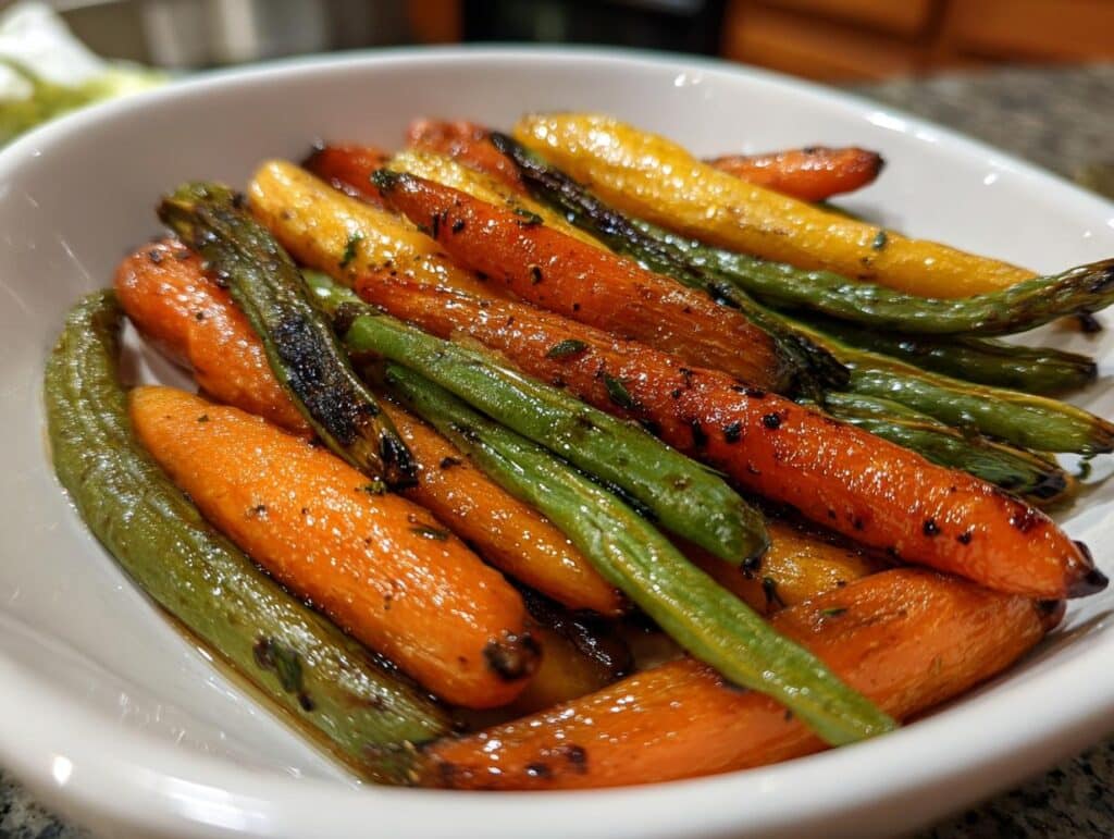 Close-up of Honey Glazed Carrots and Green Beans in a white serving bowl.