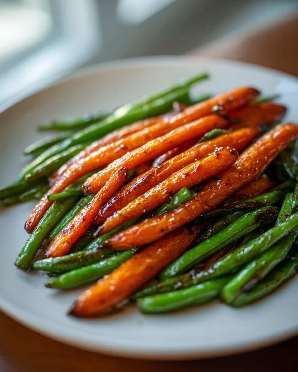 Irresistible Honey Glazed Carrots and Green Beans in 20 Mins 6 A serving of Honey Glazed Carrots and Green Beans on a white plate, ready to be enjoyed.