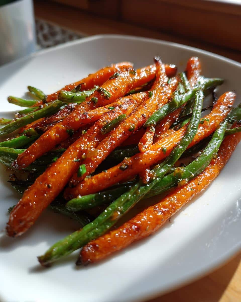 Irresistible Honey Glazed Carrots and Green Beans in 20 Mins 9 A serving of Honey Glazed Carrots and Green Beans on a white plate, ready to eat.