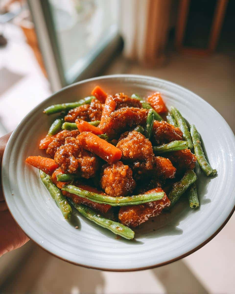 Irresistible Honey Glazed Carrots and Green Beans in 20 Mins 8 A plate of delicious Honey Glazed Carrots and Green Beans with glazed chicken pieces.