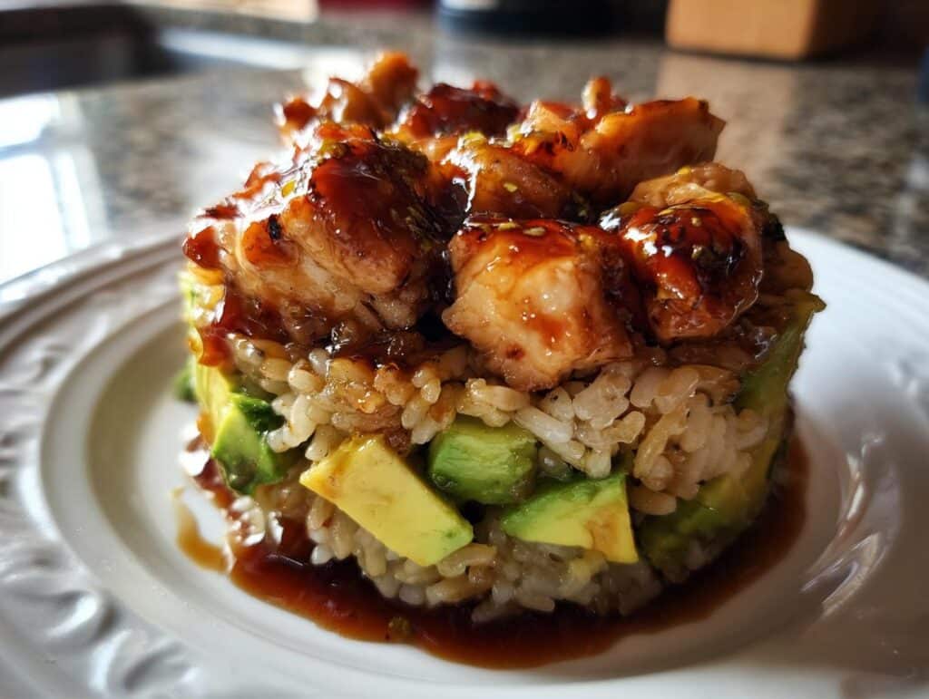 A delicious Honey Lime Chicken Avocado Rice Stack on a white plate, drizzled with sauce.